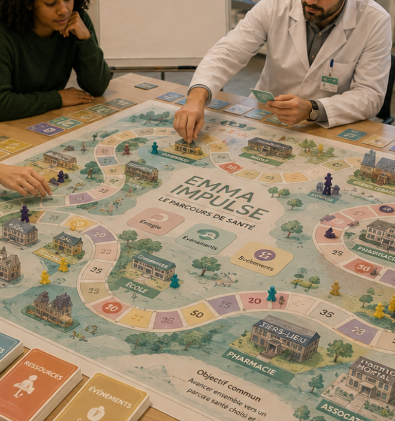 Des personnes jouent à un jeu de société (EMMA Impulse) sur un plateau coloré et détaillé.