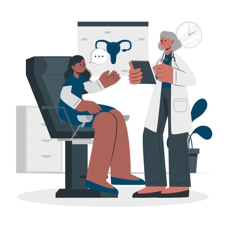 Consultation médicale entre un médecin et une patiente dans un cabinet.