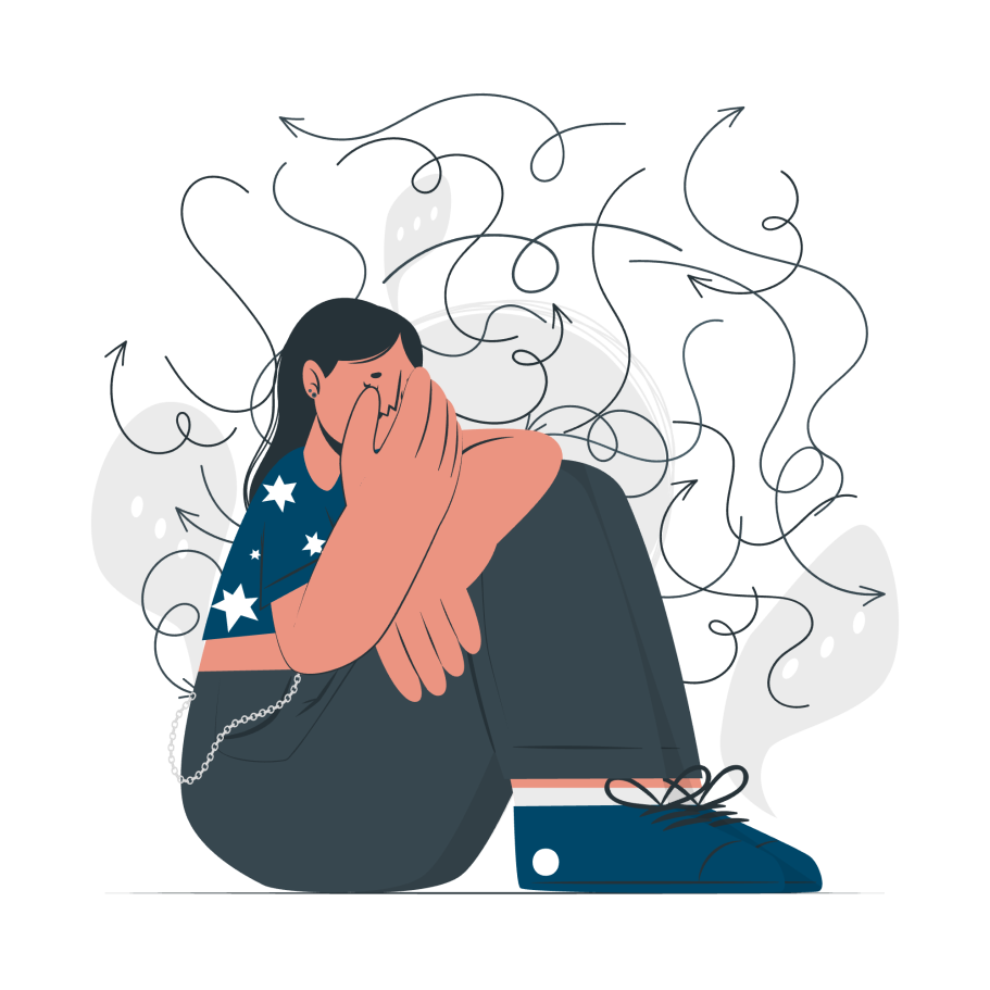 Personne assise, bras repliés sur les genoux, visage caché, entourée de traits tourbillonnants.