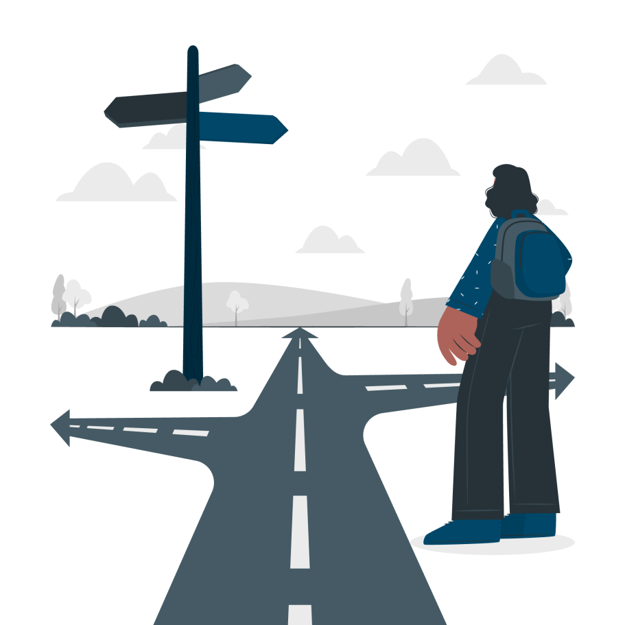 Une personne se tient devant un carrefour, regardant des panneaux de direction, hésitant quel chemin prendre.