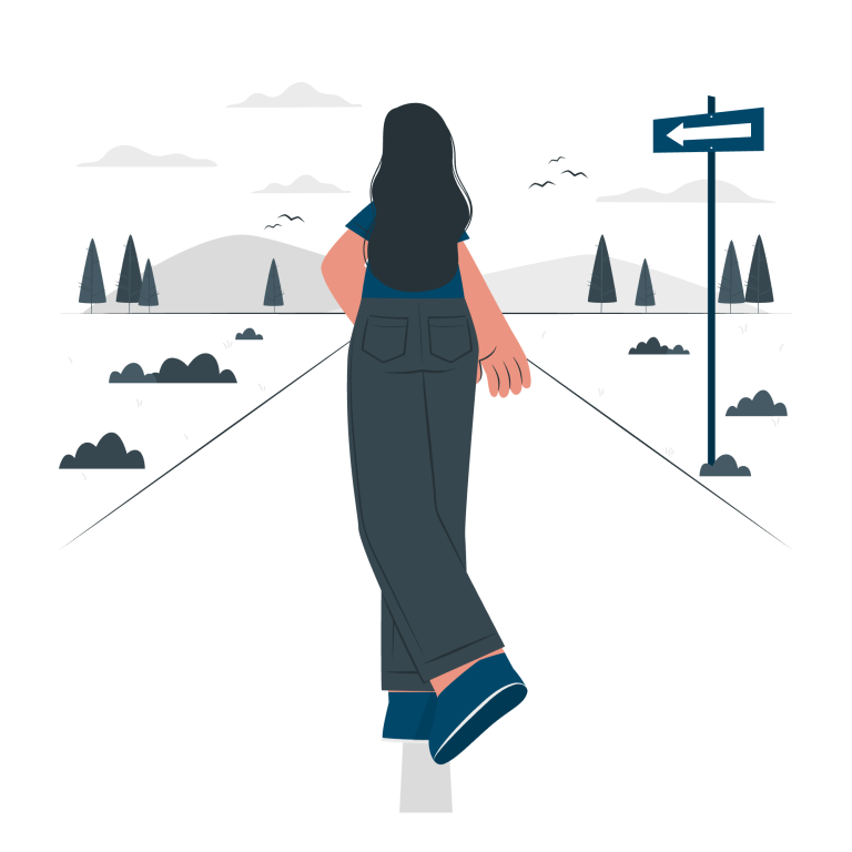 Une femme regardant un chemin bifurquant avec des montagnes au loin.